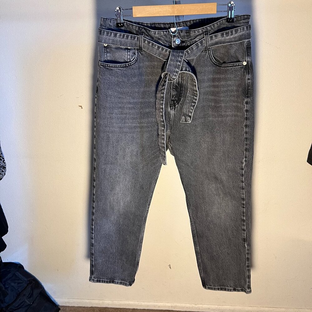 Women's Top Shop High Waist Paperbag Tie Waist Belted Cropped Jeans Black W36